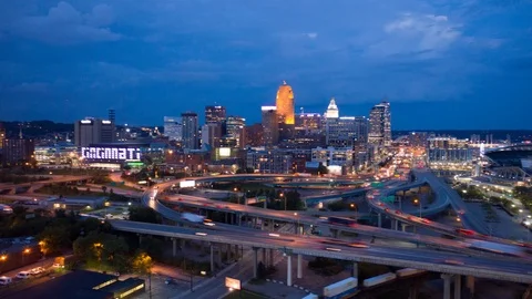 Cincinnati Skyline Sunset Drone Hyper-lapse 4K 库存影片 95819079
