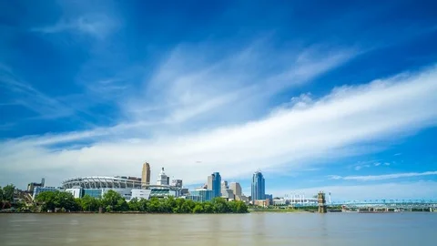 Cincinnati Skyline Time Lapse With River and Boats 4K 1080P Stock Footage 77576021