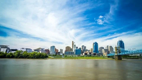 Cincinnati Skyline Time Lapse With River and Boats 4K 1080P Stock Footage 77576039