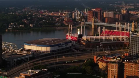 Cincinnati Stadiums along the Ohio River at Sunrise - Amazing Drone Shot Stock Footage 346197762