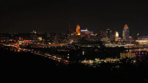 Cincinnati Wide Angle Shot at Night Sky Line Time Lapse Cinematic with No Logos Stock Footage 105911393
