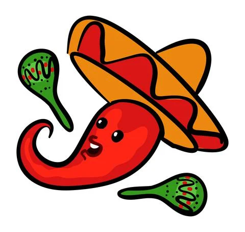 Cinco de Mayo. 5th of May. Funny cartoon chili in a sombrero playing on marac Stock Illustration