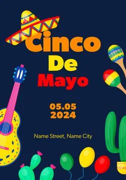 Cinco De Mayo announcing poster template. Guitar, maracas, cactus, sombrero. Stock Illustration
