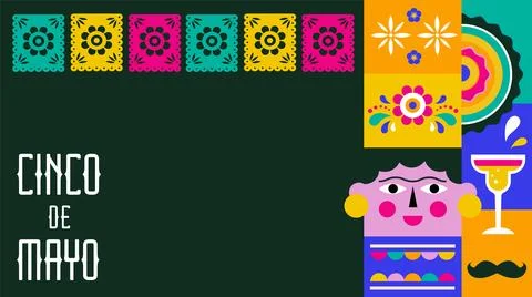 Cinco De Mayo bold design in vibrant colors. Mexican elements Fiesta banner. Stock Illustration
