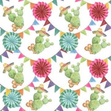 Cinco de Mayo cactus and flowers seamless pattern イラスト素材