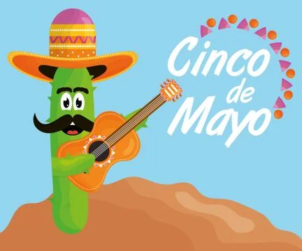 Cinco de mayo cactus character playing guitar イラスト素材