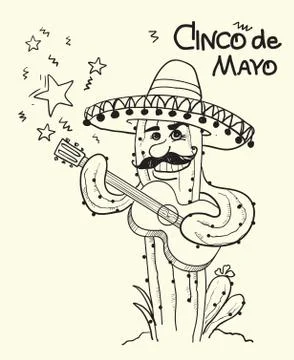 Cinco de mayo Cactus playing the guitar.Vector illustration Stock Illustration