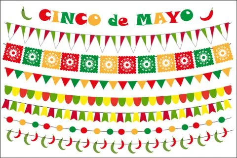 Cinco de Mayo celebration set of colored flags, garlands, bunting. Flat sty.. Illustrazione stock