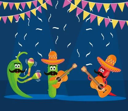 Cinco de mayo chilli and cactus characters playing instruments Illustrazione stock