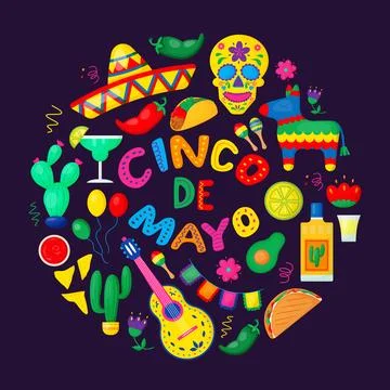 Cinco de Mayo font surrounded by Mexican art patterns in circle Stock Illustration