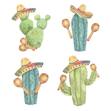 Cinco de Mayo funny cacti in watercolor イラスト素材