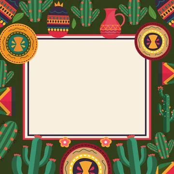 Cinco De Mayo Green Frame Background with Cowboy Hat Cactus Decoration and .. Stock Illustration
