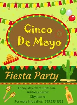Cinco de Mayo invitation template, flyer. Mexican holiday postcard. Vector .. Stock Illustration