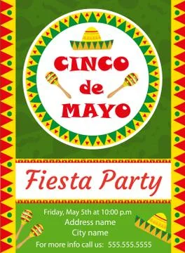 Cinco de Mayo invitation template, flyer. Mexican holiday postcard. Vector .. Stock Illustration