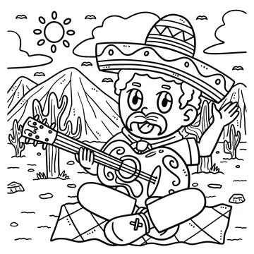 Cinco de Mayo Man Playing Guitar Coloring Page Stock Illustration
