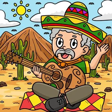 Cinco de Mayo Man Playing Guitar Colored Cartoon Stock Illustration