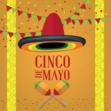 Cinco de mayo poster with a hat and maracas Stock Illustration