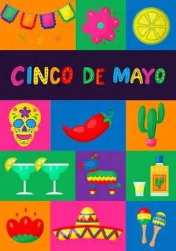 Cinco de mayo poster. Scull, tequila, cactus, pepper, maracas, sombrero Stock Illustration