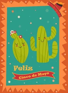 Cinco De Mayo poster template with bright cacti Stock Illustration