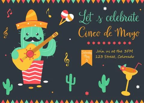 Cinco De Mayo poster template with bright cactus Illustrazione stock