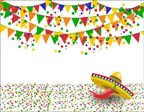 Cinco de Mayo. Red pepper in the shadow of a sombrero. Confetti. illustration Stock Illustration