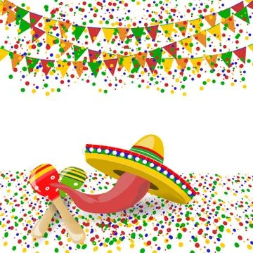 Cinco de Mayo. Red pepper, maracas, sombreros. Confetti and festive flags. .. Stock Illustration