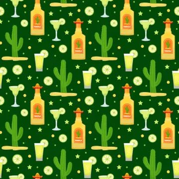Cinco de Mayo seamless pattern with tequila and cactus. Mexican holiday endless Stock Illustration