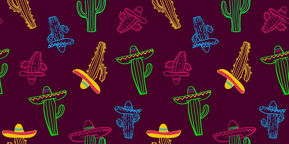 Cinco de mayo seamless pattern with colorful sombrero-wearing cacti on dark.. Stock Illustration