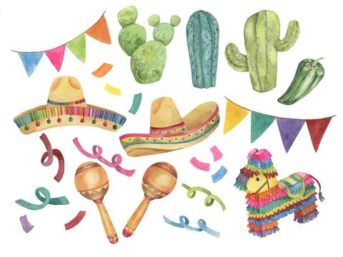 Cinco de Mayo set of design elements in watercolor Illustrazione stock