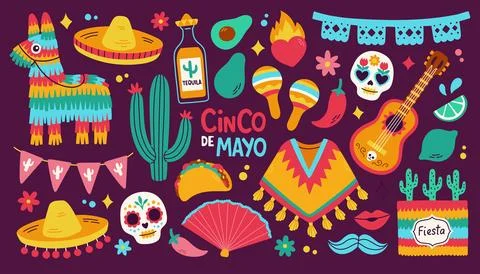 Cinco de Mayo sticker set, May 5, federal holiday in Mexico. Fiesta banner and Stock Illustration