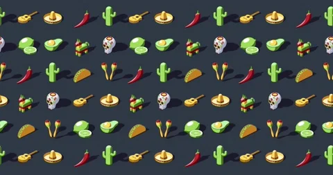 Cinco de Mayo themed seamless background animation of colorful isometric icons Stock Footage 332359053
