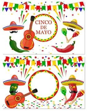 Cinco de Mayo. Two flyers, postcards. Maracas green and red, drum, guitar, re Stock Illustration