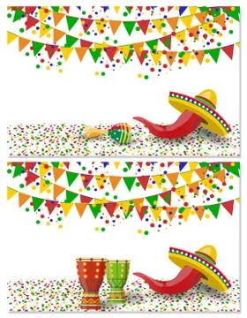 Cinco de Mayo. Two flyers, postcards. Maracas, drum green and red, flags, red Stock Illustration