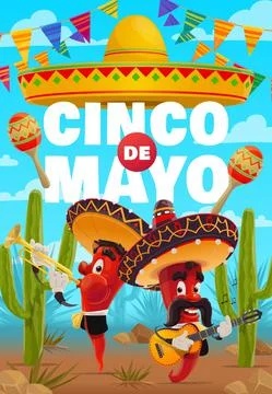Cinco de Mayo vector poster, cartoon mariachi band Stock Illustration