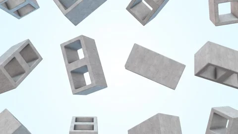 Cinder Blocks Falling on a Light Blue Background. Cement Bricks 3D Animation. 4K Stock Footage 300336563