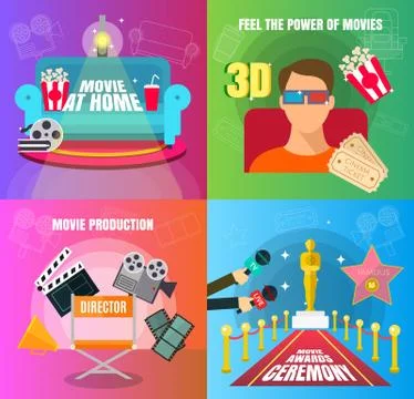 Cinema 4 flat design concepts set of movie adn cinema productuon watching and Stock Illustration