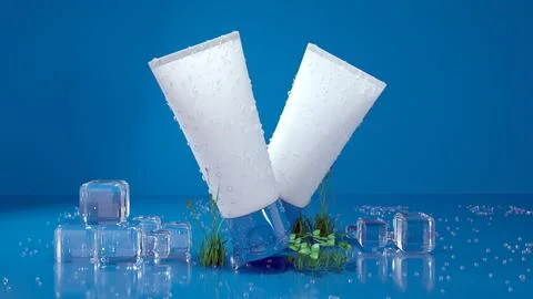 Cinema 4D rendering of a cream plastic bottle on a blue background for a co.. Stock Photos