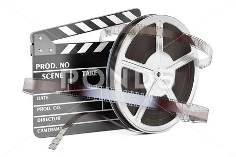 Cinema and cinematography concept. Clapperboard with film reels, 3D rendering Stock Illustration