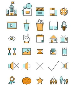 Cinema and movie industry line icons set flat design. Web elements in linear Illustrazione stock