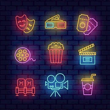 Cinema bright neon banner elements on brick wall background Illustrazione stock
