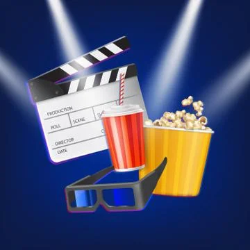 Cinema clapper, popcorn, 3d glasses and drink. イラスト素材