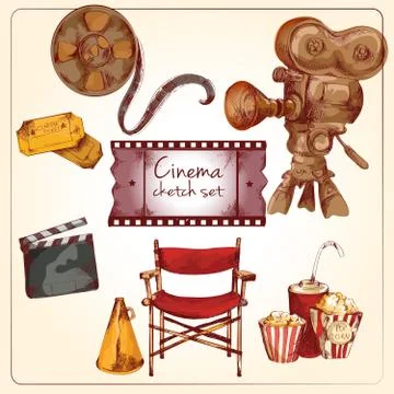 Cinema colored sketch set Stock Illustration
