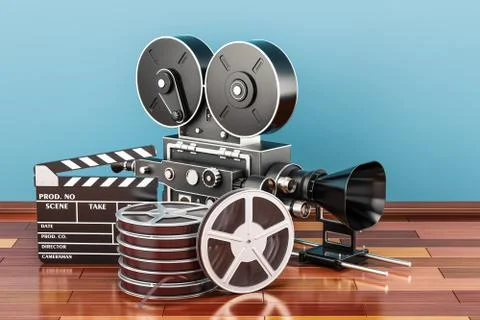 Cinema concept. Clapperboard with film reels and movie camera, 3