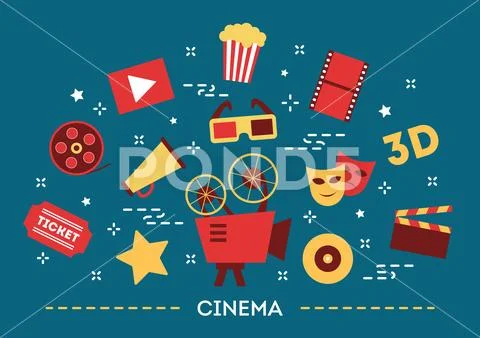 Cinema concept. Movie, popcorn and ticket. Entertainment Stock Illustration