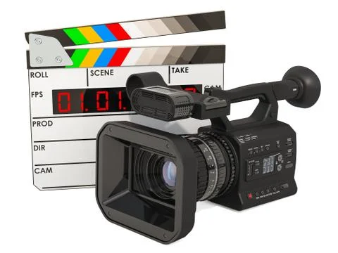 Cinema concept. Professional video camera with digital clapperboard, 3D rende Stock Illustration