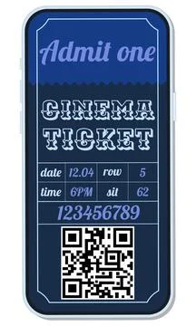 Cinema e-ticket in mobile phone. Illustrazione stock