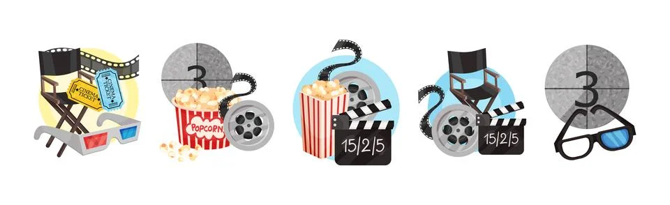 Cinema Elements with 3D Glasses, Clapperboard, Popcorn, Reel and Chair Vector Stock Illustration