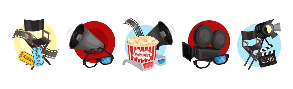 Cinema Elements with 3D Glasses, Popcorn, Megaphone, Chair and Camera Vector Stock Illustration