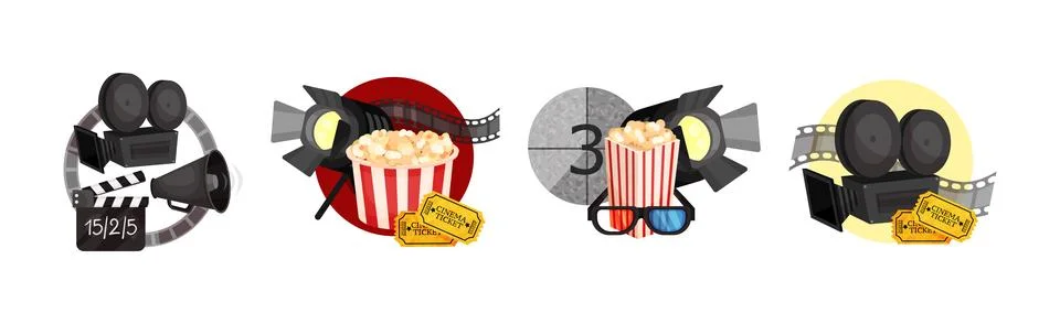 Cinema Elements with 3D Glasses, Popcorn, Megaphone and Camera Vector Stock Illustration
