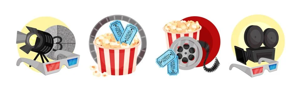 Cinema Elements with 3D Glasses, Popcorn, Reel and Camera Vector Composition Set Stock Illustration
